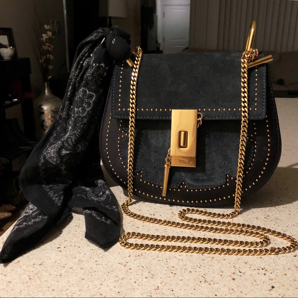 CHLOÉ Full Moon Blue Suede Gold Chain Studded Faye Drew Crossbody Shoulder Bag - Picture 8 of 8